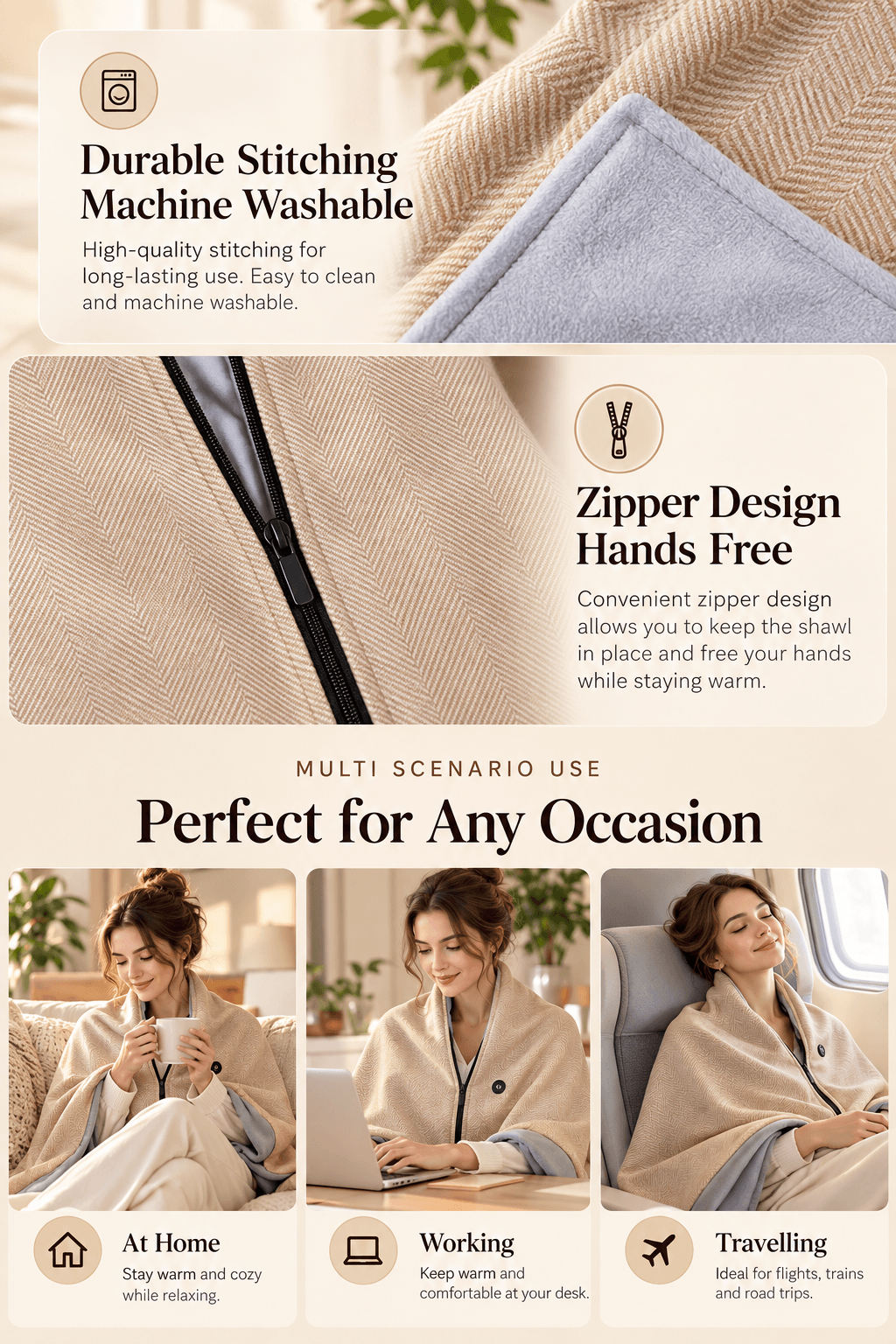 USB Electric Heated Shawl Blanket – 10 Heat Levels, Soft Fleece Wrap, 150 × 80 cm