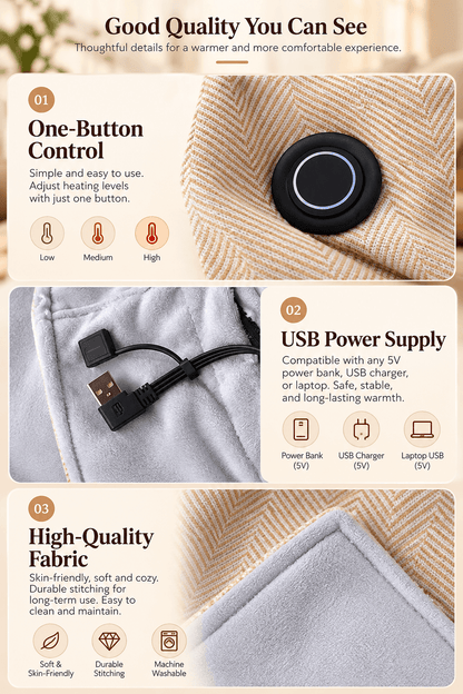 USB Electric Heated Shawl Blanket – 10 Heat Levels, Soft Fleece Wrap, 150 × 80 cm